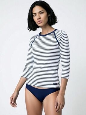 Sperry Top-Sider Navy White Stripe Rash Guard Long Sleeve Swim Top Size Medium